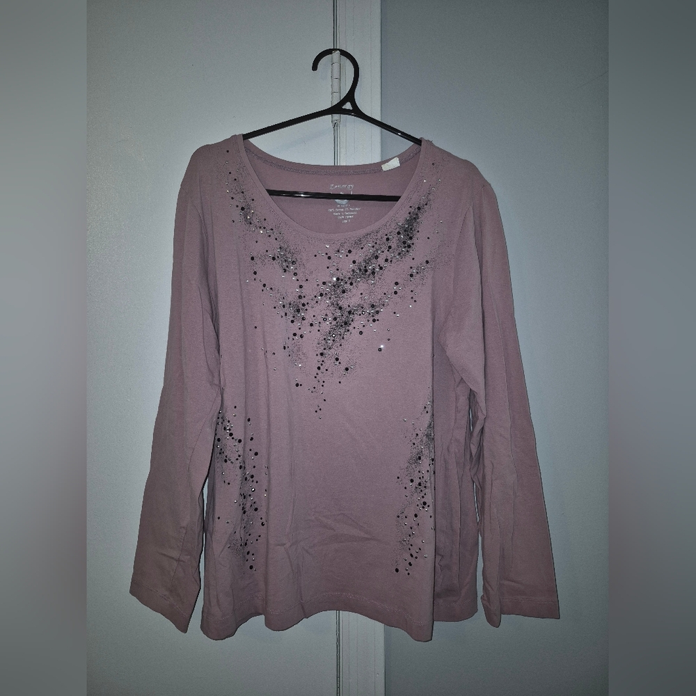 Zenergy By Chico's Long-Sleeve Embellished Scoop Neck Top - Dusty Rose Size L